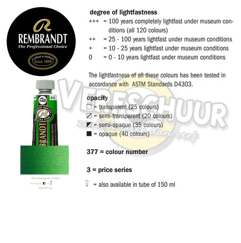 Rembrandt Olieverf tube 40 ml kleur:614 (Permanentgroen middel) serie:3